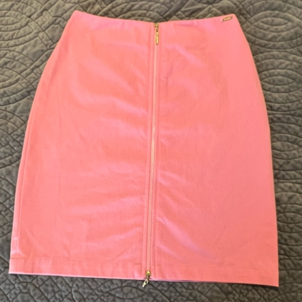 St. John Sport Bubblegum Pink Pencil‎ Skirt Dual Zip Gold Accents Sz 4